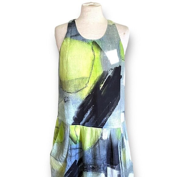 Crea Concept Womens Linen Dress Sz 38 US 6 Green Gray Avant Garde Balloon Hem - Picture 2 of 7